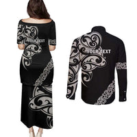 All Black Maori Tribal Tattoo Personalised Couples Matching Puletasi and Long Sleeve Button Shirt Stone Gray Polynesian Style - Polynesian Pride