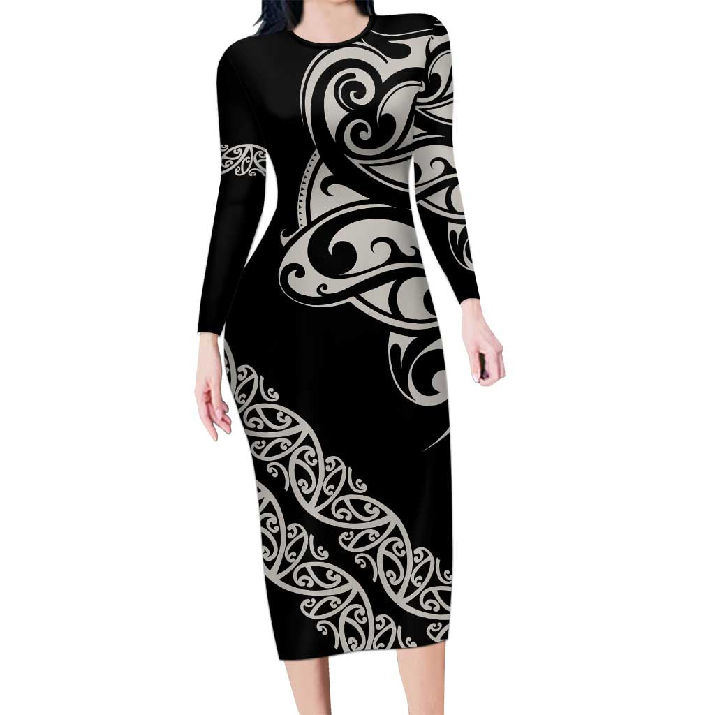 All Black Maori Tribal Tattoo Personalised Family Matching Long Sleeve Bodycon Dress and Hawaiian Shirt Stone Gray Polynesian Style LT9 Mom's Dress Gray - Polynesian Pride