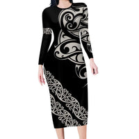 All Black Maori Tribal Tattoo Personalised Family Matching Long Sleeve Bodycon Dress and Hawaiian Shirt Stone Gray Polynesian Style LT9 Mom's Dress Gray - Polynesian Pride