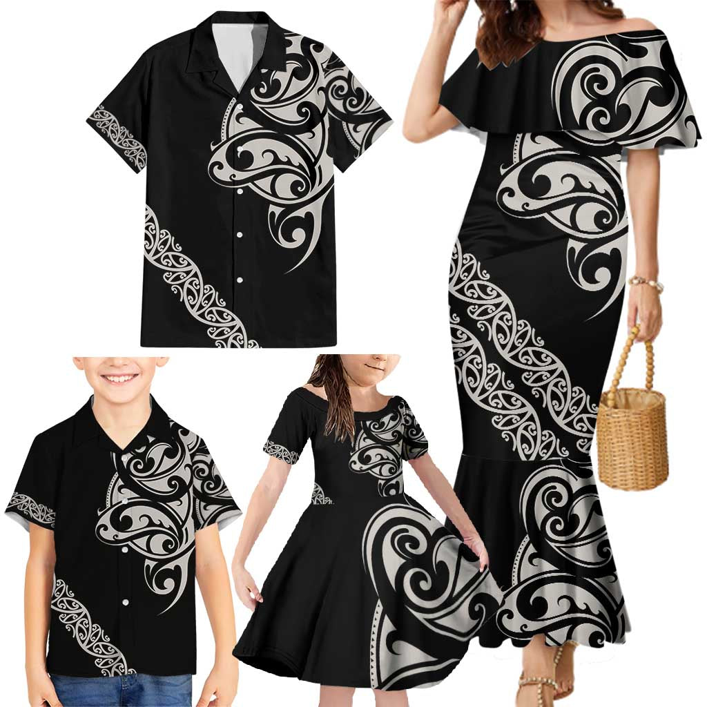 All Black Maori Tribal Tattoo Personalised Family Matching Mermaid Dress and Hawaiian Shirt Stone Gray Polynesian Style LT9 - Polynesian Pride