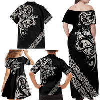 All Black Maori Tribal Tattoo Personalised Family Matching Off Shoulder Maxi Dress and Hawaiian Shirt Stone Gray Polynesian Style LT9 - Polynesian Pride