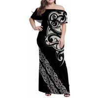 All Black Maori Tribal Tattoo Personalised Family Matching Off Shoulder Maxi Dress and Hawaiian Shirt Stone Gray Polynesian Style LT9 Mom's Dress Gray - Polynesian Pride