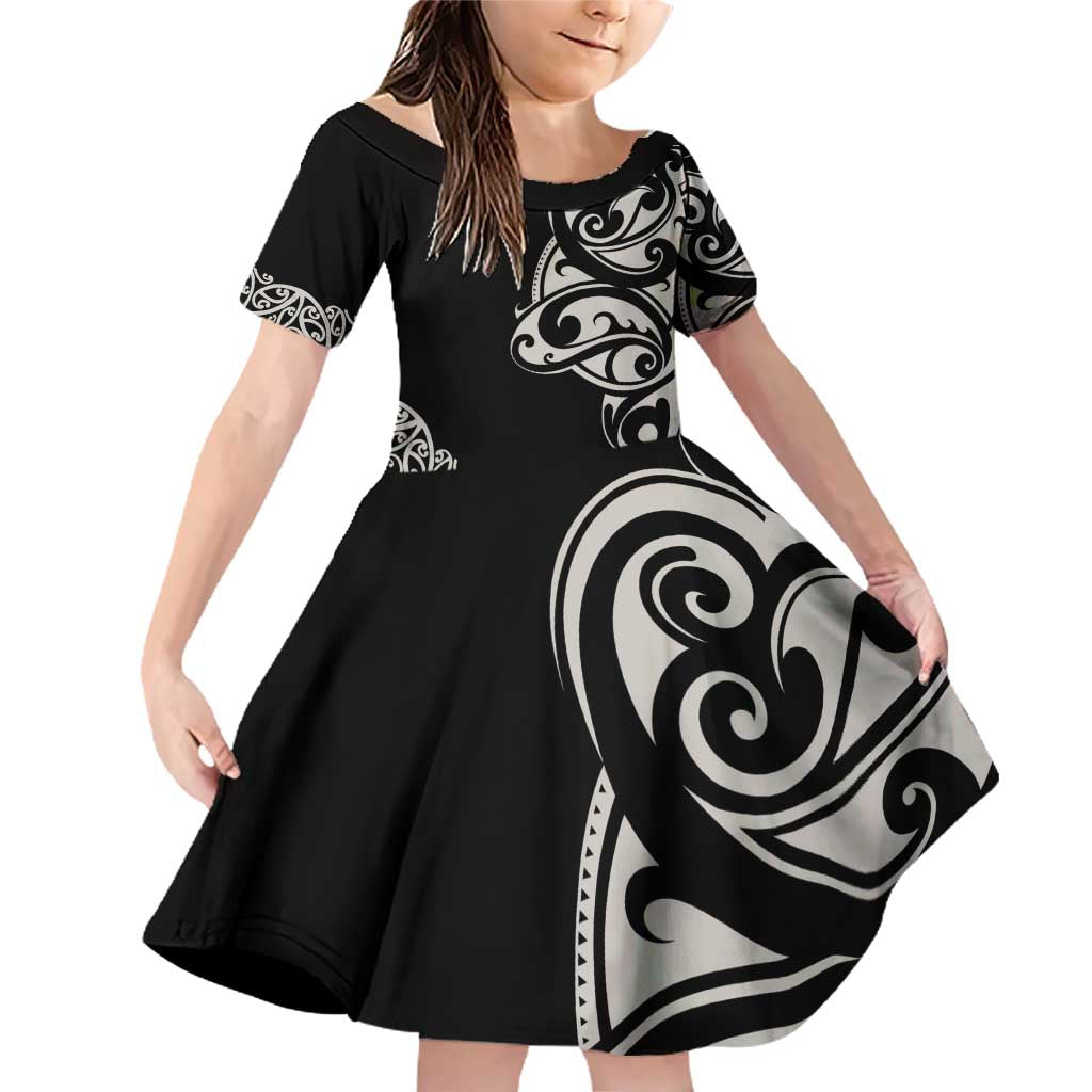 All Black Maori Tribal Tattoo Personalised Family Matching Off Shoulder Short Dress and Hawaiian Shirt Stone Gray Polynesian Style LT9 Daughter's Dress Gray - Polynesian Pride