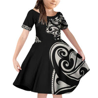 All Black Maori Tribal Tattoo Personalised Family Matching Off Shoulder Short Dress and Hawaiian Shirt Stone Gray Polynesian Style LT9 Daughter's Dress Gray - Polynesian Pride