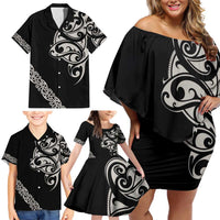 All Black Maori Tribal Tattoo Personalised Family Matching Off Shoulder Short Dress and Hawaiian Shirt Stone Gray Polynesian Style LT9 - Polynesian Pride