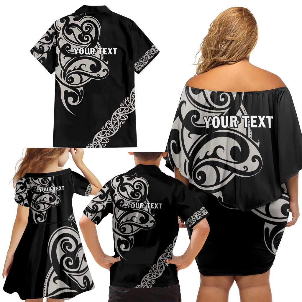 All Black Maori Tribal Tattoo Personalised Family Matching Off Shoulder Short Dress and Hawaiian Shirt Stone Gray Polynesian Style LT9 - Polynesian Pride