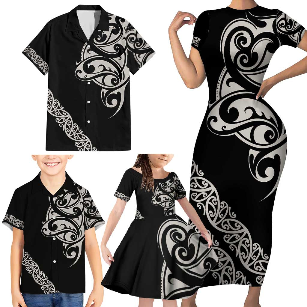 All Black Maori Tribal Tattoo Personalised Family Matching Short Sleeve Bodycon Dress and Hawaiian Shirt Stone Gray Polynesian Style LT9 - Polynesian Pride