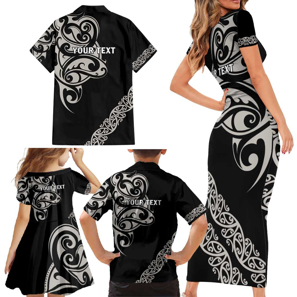 All Black Maori Tribal Tattoo Personalised Family Matching Short Sleeve Bodycon Dress and Hawaiian Shirt Stone Gray Polynesian Style LT9 - Polynesian Pride