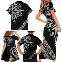 All Black Maori Tribal Tattoo Personalised Family Matching Short Sleeve Bodycon Dress and Hawaiian Shirt Stone Gray Polynesian Style LT9 - Polynesian Pride