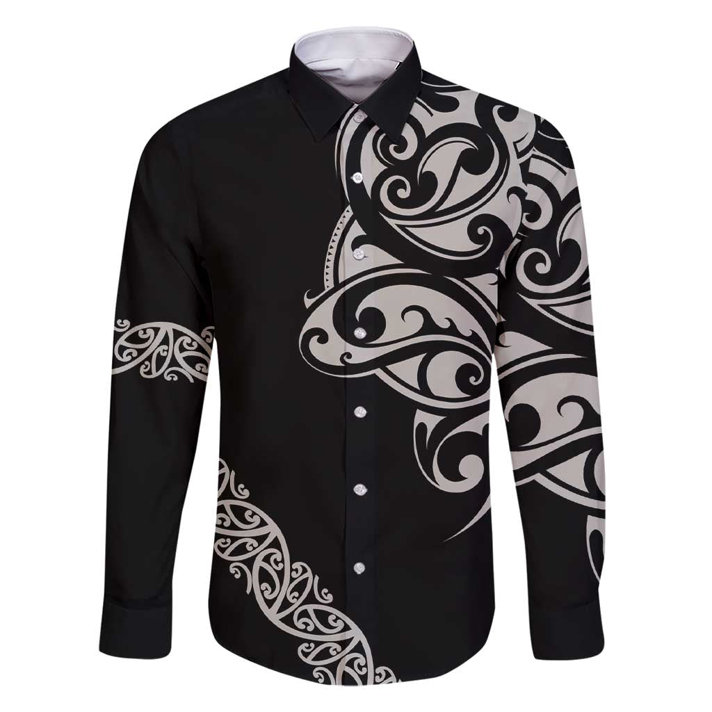 All Black Maori Tribal Tattoo Personalised Family Matching Short Sleeve Bodycon Dress and Hawaiian Shirt Stone Gray Polynesian Style LT9 Dad's Shirt - Long Sleeve Gray - Polynesian Pride