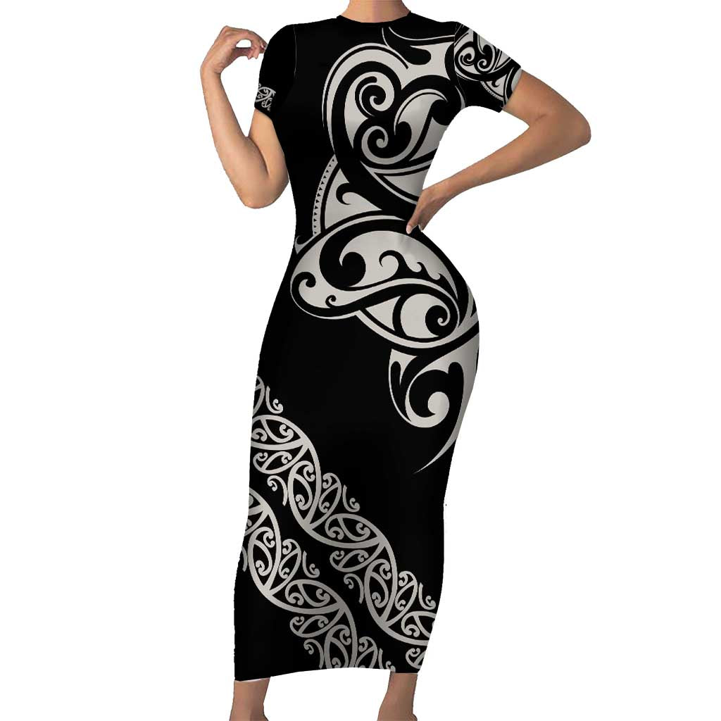 All Black Maori Tribal Tattoo Personalised Family Matching Short Sleeve Bodycon Dress and Hawaiian Shirt Stone Gray Polynesian Style LT9 Mom's Dress Gray - Polynesian Pride