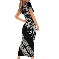 All Black Maori Tribal Tattoo Personalised Family Matching Short Sleeve Bodycon Dress and Hawaiian Shirt Stone Gray Polynesian Style LT9 - Polynesian Pride