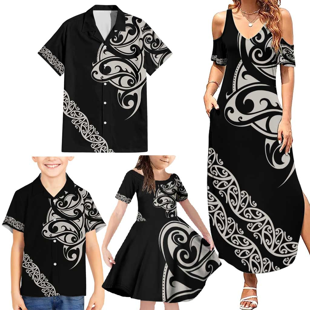 All Black Maori Tribal Tattoo Personalised Family Matching Summer Maxi Dress and Hawaiian Shirt Stone Gray Polynesian Style LT9 - Polynesian Pride