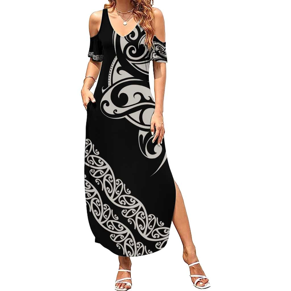 All Black Maori Tribal Tattoo Personalised Family Matching Summer Maxi Dress and Hawaiian Shirt Stone Gray Polynesian Style LT9 Mom's Dress Gray - Polynesian Pride