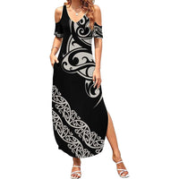 All Black Maori Tribal Tattoo Personalised Family Matching Summer Maxi Dress and Hawaiian Shirt Stone Gray Polynesian Style LT9 Mom's Dress Gray - Polynesian Pride