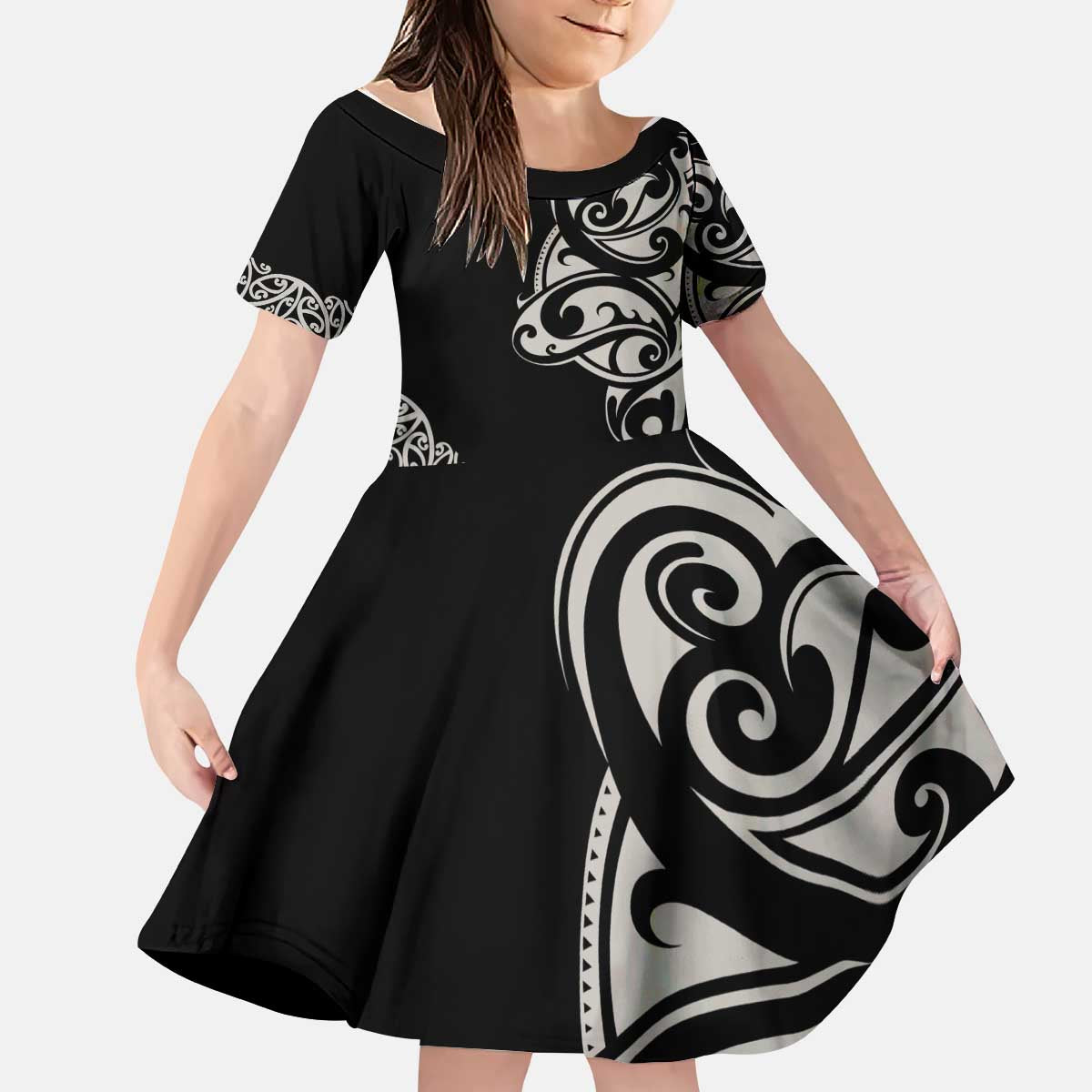 All Black Maori Tribal Tattoo Personalised Kid Short Sleeve Dress Stone Gray Polynesian Style - Polynesian Pride