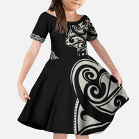 All Black Maori Tribal Tattoo Personalised Kid Short Sleeve Dress Stone Gray Polynesian Style - Polynesian Pride