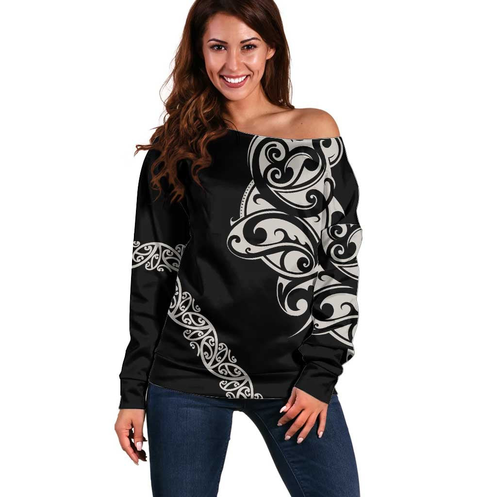 All Black Maori Tribal Tattoo Personalised Off Shoulder Sweater Stone Gray Polynesian Style LT9 Women Gray - Polynesian Pride