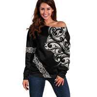 All Black Maori Tribal Tattoo Personalised Off Shoulder Sweater Stone Gray Polynesian Style LT9 Women Gray - Polynesian Pride