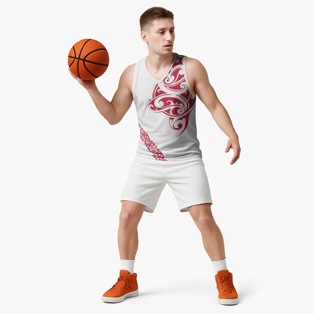 All White Maori Tribal Tattoo Personalised Basketball Jersey Classic Red Polynesian Style - Polynesian Pride