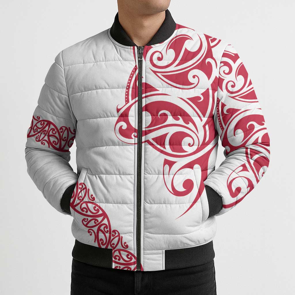 All White Maori Tribal Tattoo Personalised Bomber Puffer Jacket Classic Red Polynesian Style - Polynesian Pride