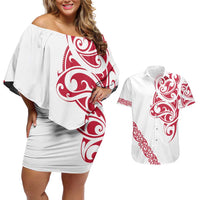 All White Maori Tribal Tattoo Personalised Couples Matching Off Shoulder Short Dress and Hawaiian Shirt Classic Red Polynesian Style - Polynesian Pride