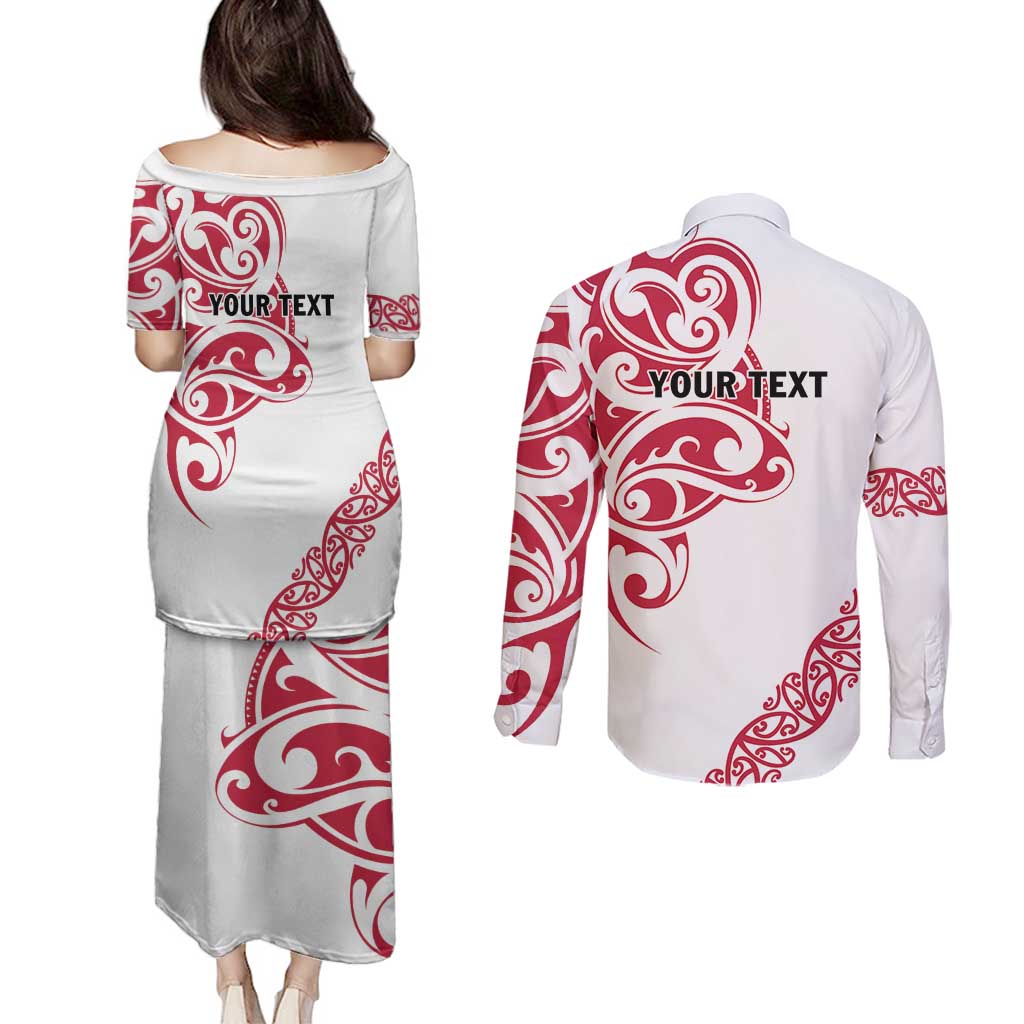All White Maori Tribal Tattoo Personalised Couples Matching Puletasi and Long Sleeve Button Shirt Classic Red Polynesian Style - Polynesian Pride