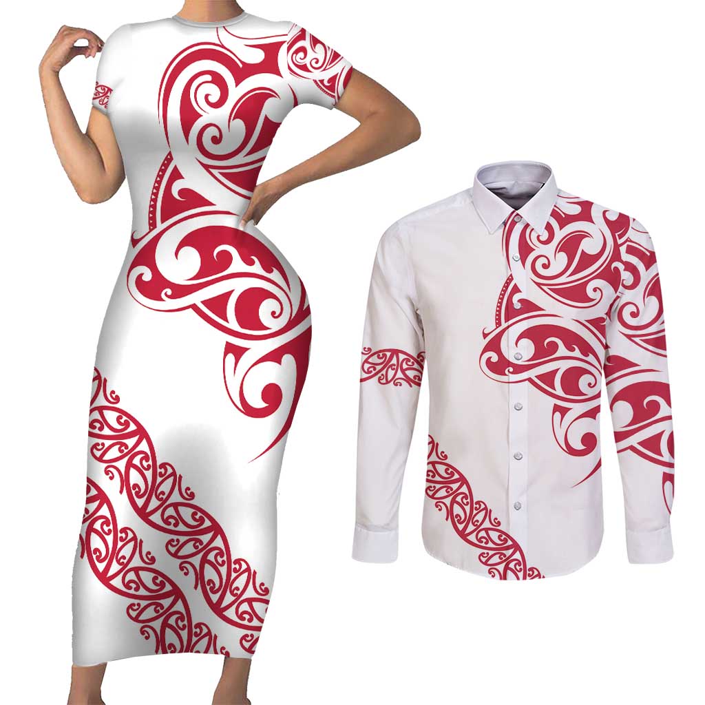 All White Maori Tribal Tattoo Personalised Couples Matching Short Sleeve Bodycon Dress and Long Sleeve Button Shirt Classic Red Polynesian Style - Polynesian Pride