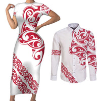 All White Maori Tribal Tattoo Personalised Couples Matching Short Sleeve Bodycon Dress and Long Sleeve Button Shirt Classic Red Polynesian Style - Polynesian Pride