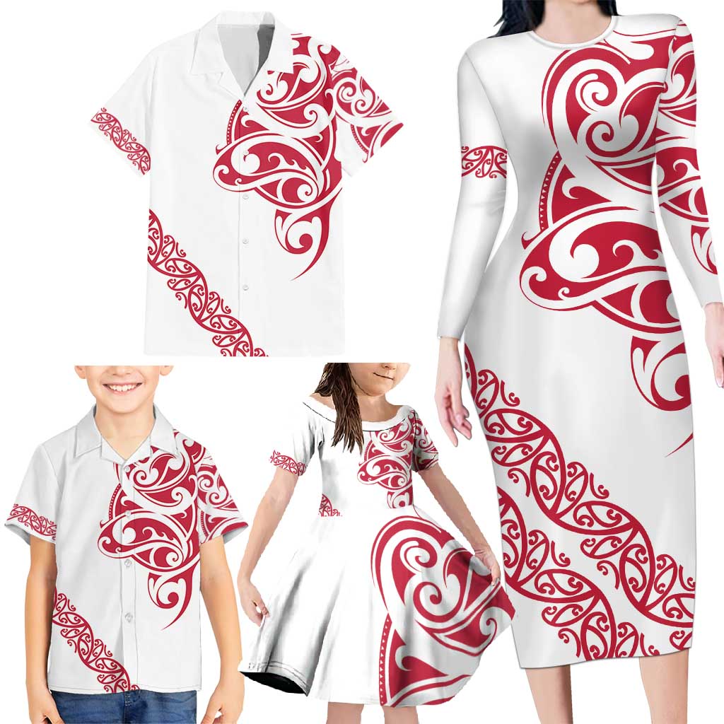 All White Maori Tribal Tattoo Personalised Family Matching Long Sleeve Bodycon Dress and Hawaiian Shirt Classic Red Polynesian Style LT9 - Polynesian Pride