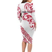 All White Maori Tribal Tattoo Personalised Family Matching Long Sleeve Bodycon Dress and Hawaiian Shirt Classic Red Polynesian Style LT9 - Polynesian Pride