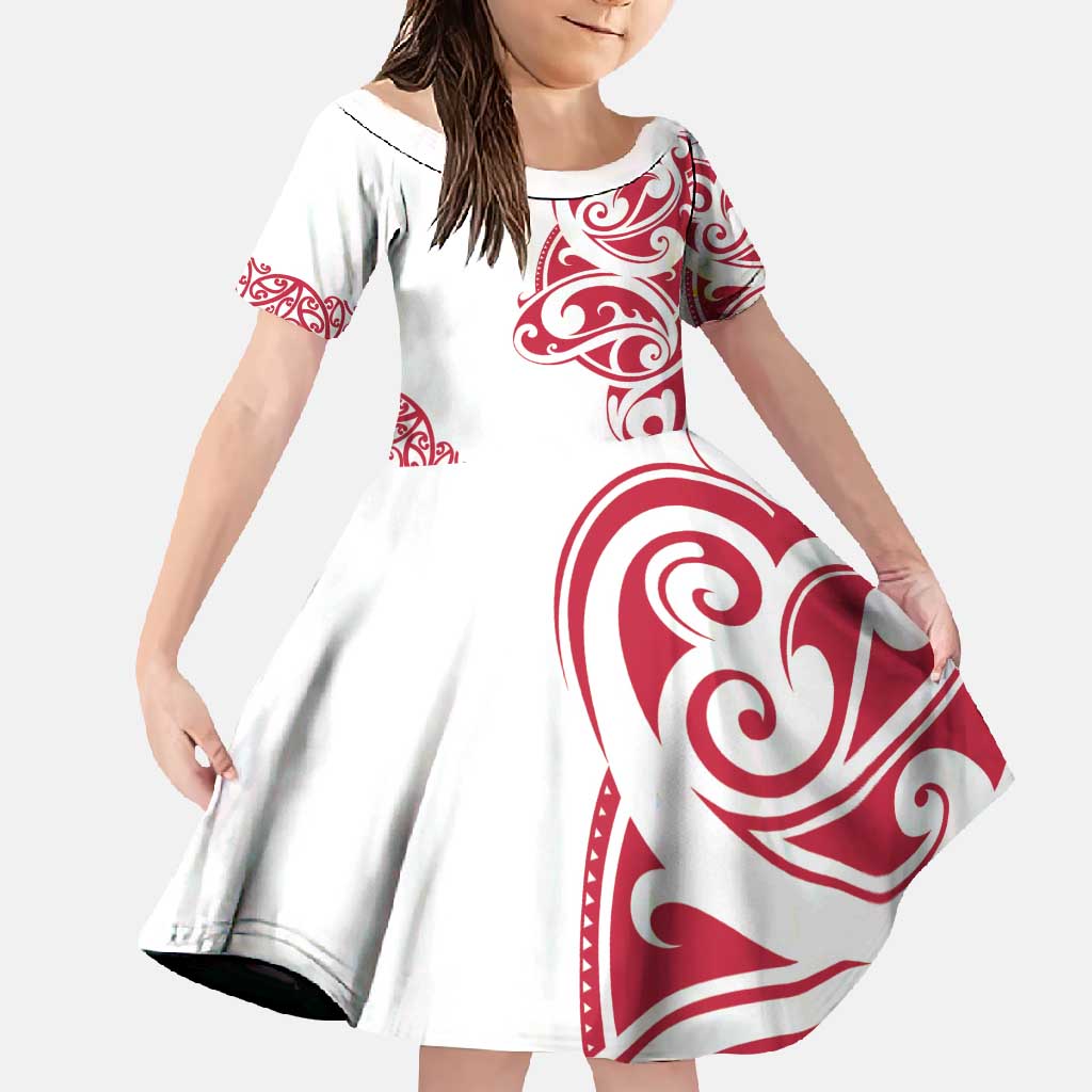 All White Maori Tribal Tattoo Personalised Family Matching Mermaid Dress and Hawaiian Shirt Classic Red Polynesian Style LT9 Daughter's Dress Red - Polynesian Pride