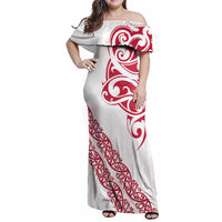 All White Maori Tribal Tattoo Personalised Family Matching Off Shoulder Maxi Dress and Hawaiian Shirt Classic Red Polynesian Style LT9 Mom's Dress Red - Polynesian Pride