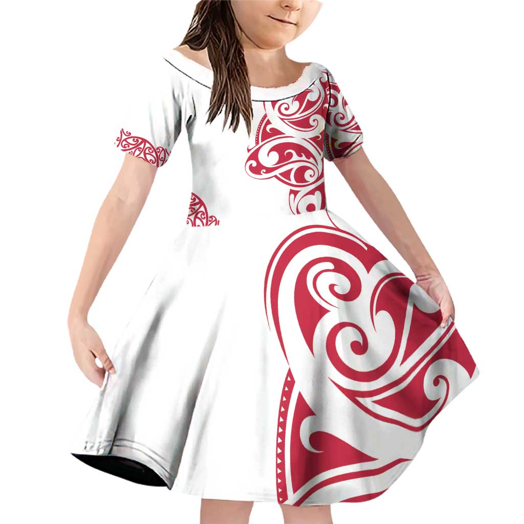 All White Maori Tribal Tattoo Personalised Family Matching Off Shoulder Short Dress and Hawaiian Shirt Classic Red Polynesian Style LT9 Daughter's Dress Red - Polynesian Pride