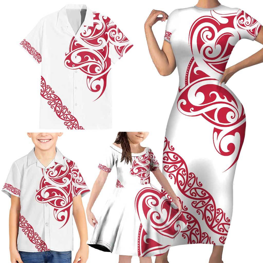 All White Maori Tribal Tattoo Personalised Family Matching Short Sleeve Bodycon Dress and Hawaiian Shirt Classic Red Polynesian Style LT9 - Polynesian Pride