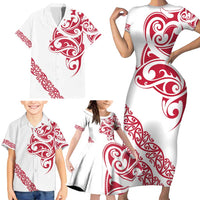 All White Maori Tribal Tattoo Personalised Family Matching Short Sleeve Bodycon Dress and Hawaiian Shirt Classic Red Polynesian Style LT9 - Polynesian Pride