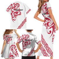 All White Maori Tribal Tattoo Personalised Family Matching Short Sleeve Bodycon Dress and Hawaiian Shirt Classic Red Polynesian Style LT9 - Polynesian Pride