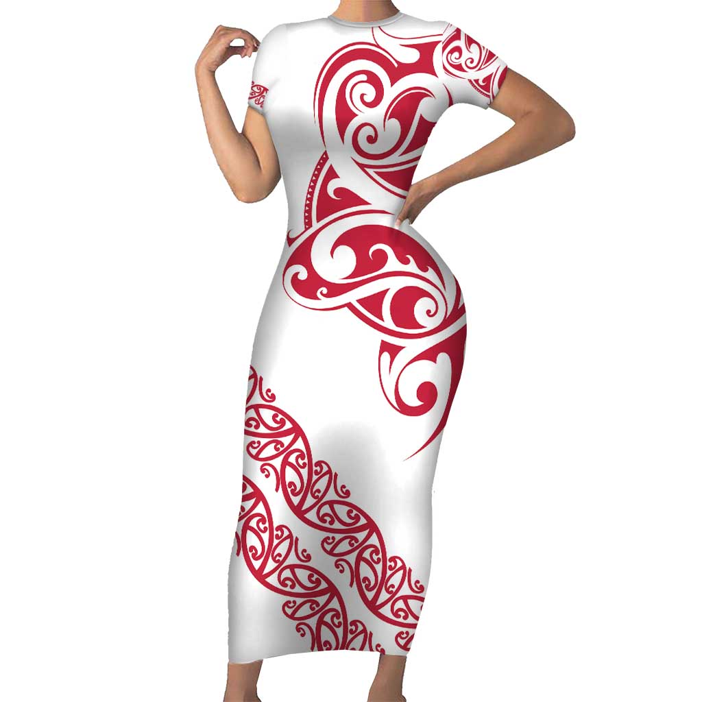 All White Maori Tribal Tattoo Personalised Family Matching Short Sleeve Bodycon Dress and Hawaiian Shirt Classic Red Polynesian Style LT9 Mom's Dress Red - Polynesian Pride