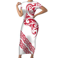All White Maori Tribal Tattoo Personalised Family Matching Short Sleeve Bodycon Dress and Hawaiian Shirt Classic Red Polynesian Style LT9 Mom's Dress Red - Polynesian Pride