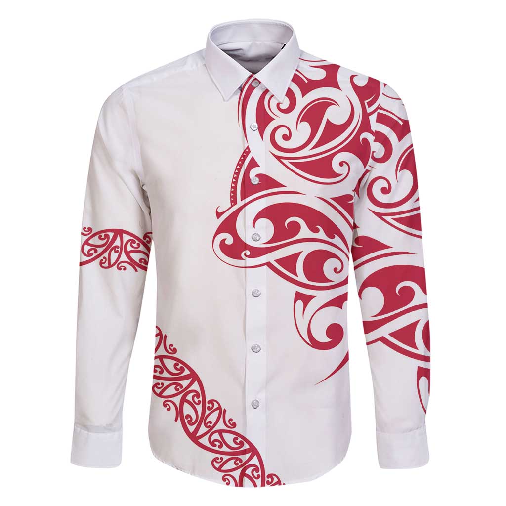 All White Maori Tribal Tattoo Personalised Family Matching Summer Maxi Dress and Hawaiian Shirt Classic Red Polynesian Style LT9 Dad's Shirt - Long Sleeve Red - Polynesian Pride