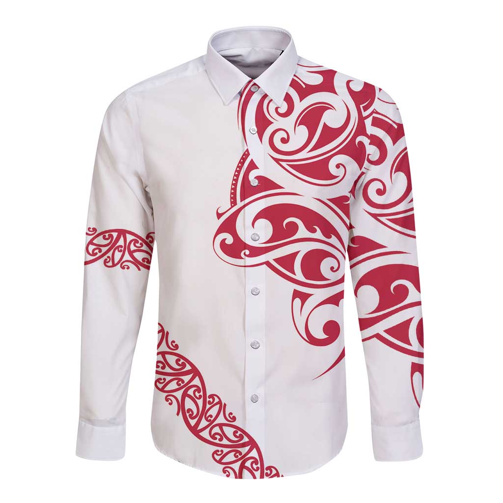 All White Maori Tribal Tattoo Personalised Long Sleeve Button Shirt Classic Red Polynesian Style - Polynesian Pride