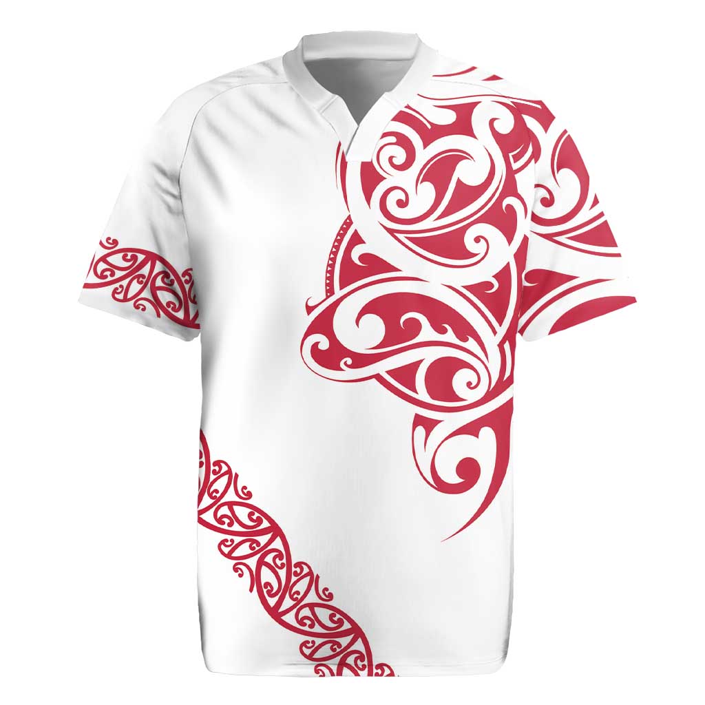 All White Maori Tribal Tattoo Personalised Rugby Jersey Classic Red Polynesian Style - Polynesian Pride