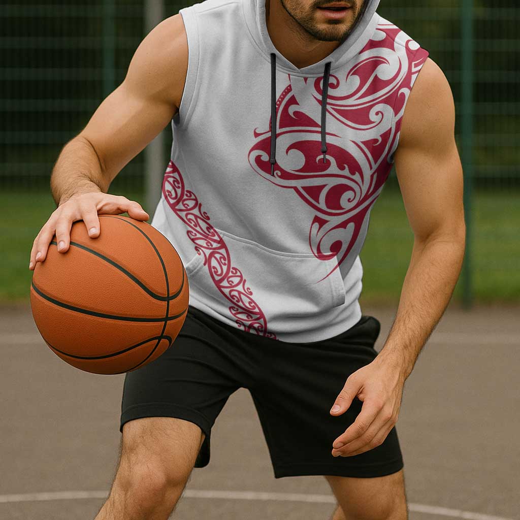 All White Maori Tribal Tattoo Personalised Sleeveless Hoodie Classic Red Polynesian Style - Polynesian Pride