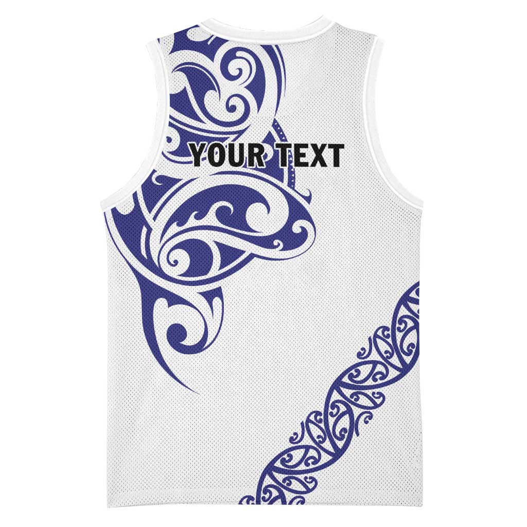 All White Maori Tribal Tattoo Personalised Basketball Jersey Dark Blue Polynesian Style - Polynesian Pride