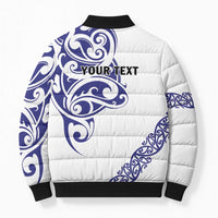 All White Maori Tribal Tattoo Personalised Bomber Puffer Jacket Dark Blue Polynesian Style - Polynesian Pride