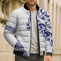 All White Maori Tribal Tattoo Personalised Bomber Puffer Jacket Dark Blue Polynesian Style - Polynesian Pride