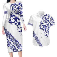 All White Maori Tribal Tattoo Personalised Couples Matching Long Sleeve Bodycon Dress and Hawaiian Shirt Dark Blue Polynesian Style - Polynesian Pride