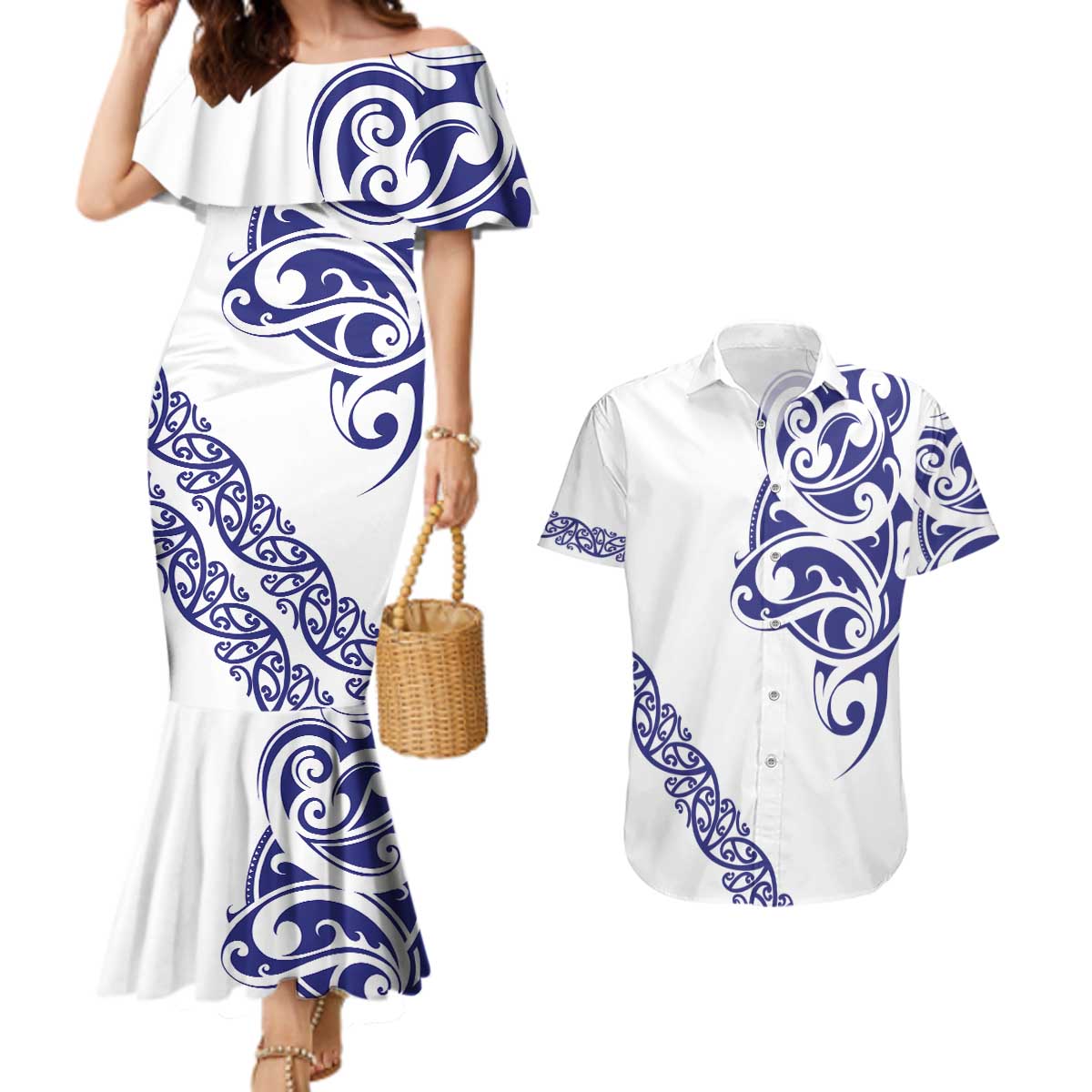All White Maori Tribal Tattoo Personalised Couples Matching Mermaid Dress and Hawaiian Shirt Dark Blue Polynesian Style - Polynesian Pride