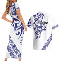 All White Maori Tribal Tattoo Personalised Couples Matching Short Sleeve Bodycon Dress and Hawaiian Shirt Dark Blue Polynesian Style - Polynesian Pride