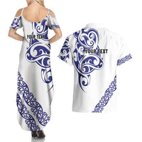All White Maori Tribal Tattoo Personalised Couples Matching Summer Maxi Dress and Hawaiian Shirt Dark Blue Polynesian Style - Polynesian Pride